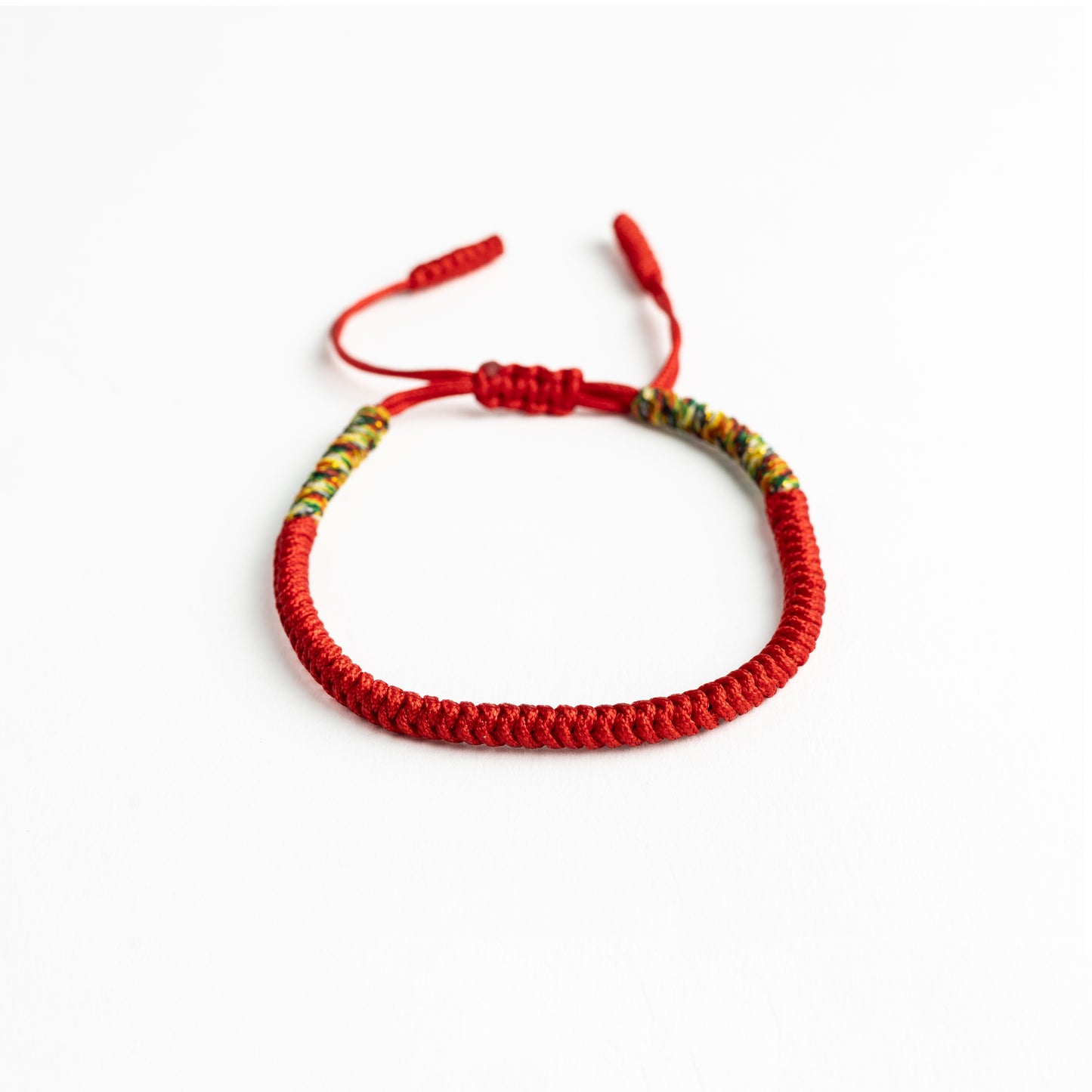 Crimson Mosaic: Red Tibetan Bracelet with Multicolor Thread Accents