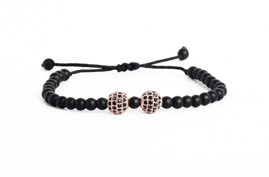 2 Rose Gold Zircon balls onyx bracelet 2 mm