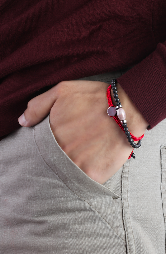 Red hexa bracelet & Rose bar Set