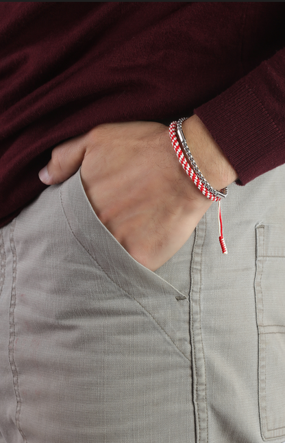 طقم سوار تبتي باللونين الأحمر والأبيض ولوحة تحكم من الفولاذ المقاوم للصدأ