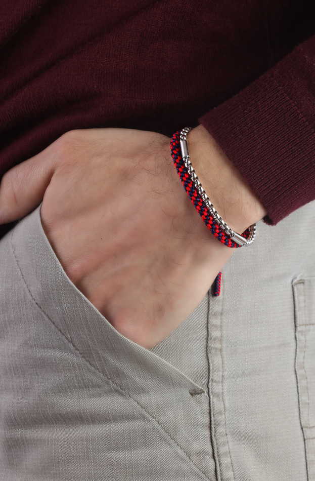 سوار تبتي جريء باللونين الأحمر الداكن والأزرق ومجموعة لوحة القيادة من الفولاذ المقاوم للصدأ