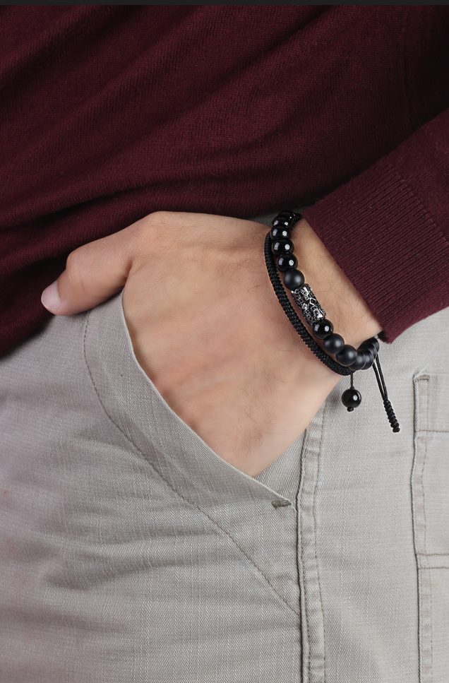 Black tibetan bracelet & Zircon bar onyx stone Set