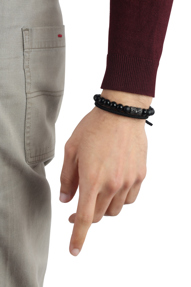 Black tibetan bracelet & Zircon bar onyx stone Set