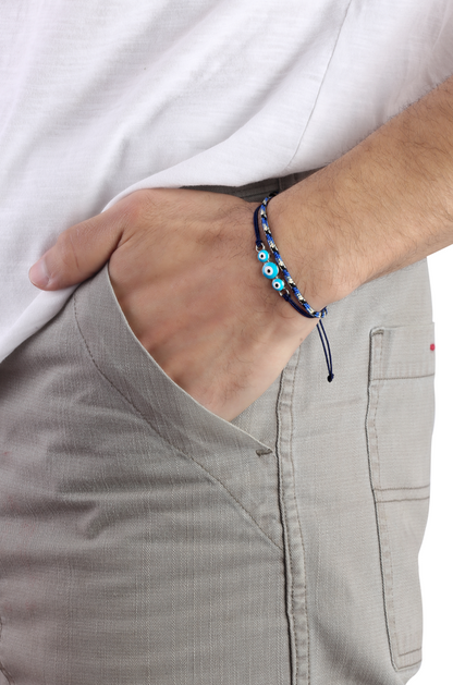 3 Evil eye bracelet & Natural blue cotton Set