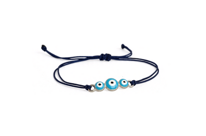 3 Evil eye bracelet & Natural blue cotton Set